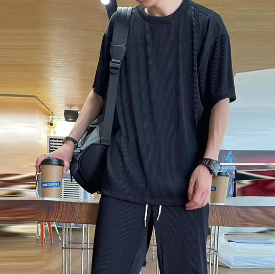 Men's Ice Silk Male Casual Suit - Summer Stretchy Loose Ice Silk  Set,Sweatpants Suit (Black,M) at  Men's Clothing store